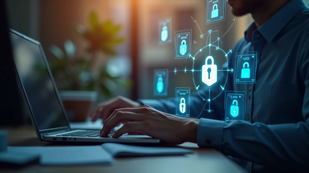 Persona che lavora su un computer portatile con icone di sicurezza digitale intorno