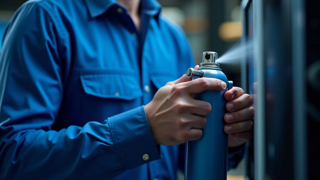 Mano di un tecnico che pulisce una ventola di raffreddamento con aria compressa